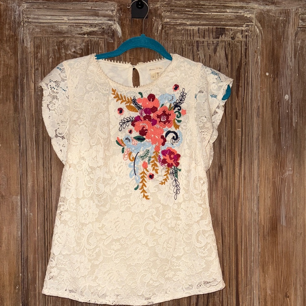Anthropologie Floral Embroidered Lace Top - Cream